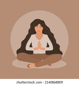 Cartoon woman in lotus yoga pose. Girl sitting on floor with praying hands. Vector illustration.