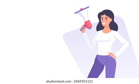 Cartoon woman with loudspeaker social media marketing business banner design template vector flat illustration. Smiling female character megaphone bullhorn shopping sale advertising copy space poster