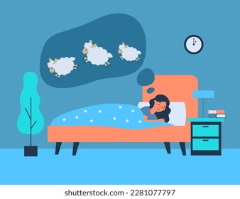Cartoon woman lying in bed and counting sheep at night. Bedroom with girl sleeping while thinking of cute animals vector illustration. Sleep disorder, insomnia, concept