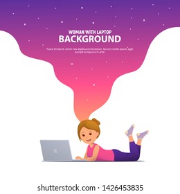 Cartoon woman lying with laptop . Chat, dating, education, blogging and search for information on the network. Trendy modern vector illustration with bright gradient.