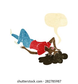 cartoon woman lying on floor with speech bubble
