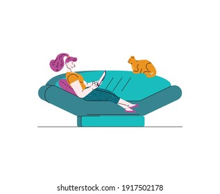 Cartoon woman lying on green sofa reading something on tablet - young girl with cat looking at electronic book screen and smiling. Flat isolated vector illustration.