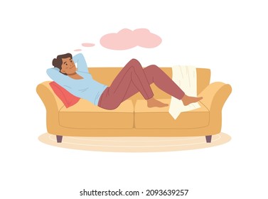 Cartoon woman lying on sofa or couch and relaxing, relaxed lady with thoughtful face expression, tired resting girl. Vector napping young lady dreaming searching decision on problem