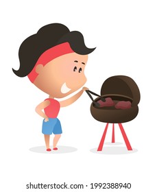 Cartoon woman makes bbq on a grill, vector illustration isolated on white