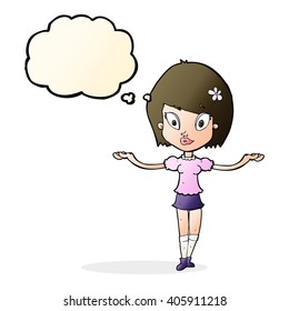 cartoon woman making balancing gesture with thought bubble