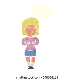 cartoon woman making excuses with speech bubble