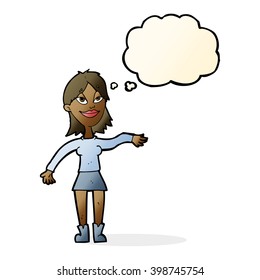 cartoon woman making hand gesture with thought bubble