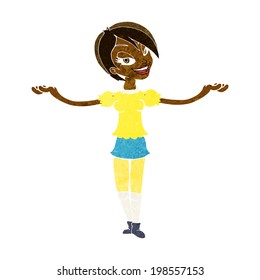 cartoon woman making open arm gesture
