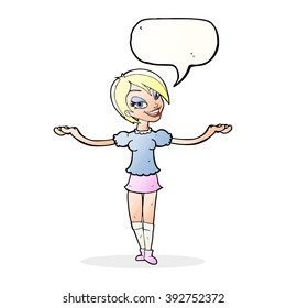 cartoon woman making open arm gesture with speech bubble
