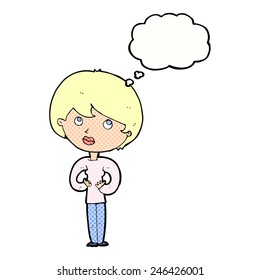 cartoon woman making Who Me? gesture with thought bubble