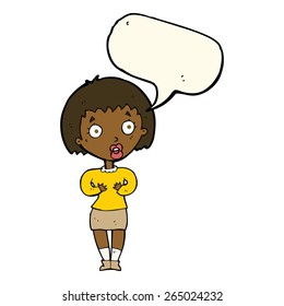 cartoon woman making Who Me? gesture with speech bubble