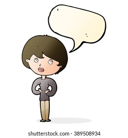 cartoon woman making Who Me? gesture with speech bubble