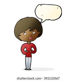 cartoon woman making Who Me? gesture with speech bubble