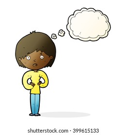 cartoon woman making Who Me? gesture with thought bubble