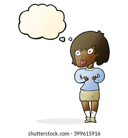 cartoon woman making Who Me? gesture with thought bubble