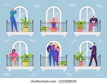 Cartoon woman man in apartment balcony, architecture hotel building vector illustration. Home window to city, house residential neighborhood.