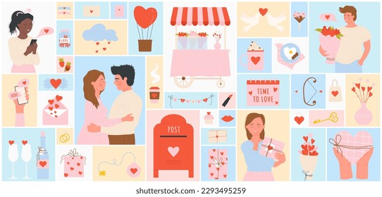 Cartoon woman and man give and receive gifts on date, marriage rings, floral bouquet, bottle of champagne and glasses in geometric collage background. Love, Valentines day set vector illustration