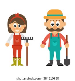 cartoon woman and man in overalls with rake and shovel