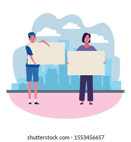 cartoon woman and man protesting with blank placards over urban city scenery and white background, colorful design. vector illustration