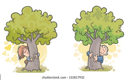 Cartoon Woman and Man Tree huggers.