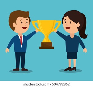 cartoon woman man trophy earnings design isolated