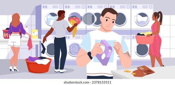 Cartoon woman and man using self service laundromat with automatic washing, drying machines, female and male customers in launderette. People wash dirty clothes in public laundry vector illustration