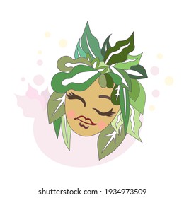 Cartoon woman with meadow flora on head, vector abstract face of woman on white isolated background, isolated nature girl for prints, stickers, postcards, icons and elements of design for apps.