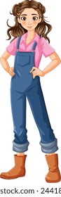 Cartoon of a woman in mechanic overalls standing.