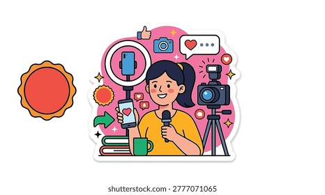 Cartoon woman with microphone and camera