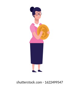 cartoon woman with money coin over white background, colorful design, vector illustration