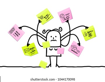 Cartoon Woman Multitasking with Sticky Notes