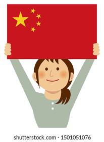 Cartoon woman with national flags / China ( upper body).  Flat vector illustration. 