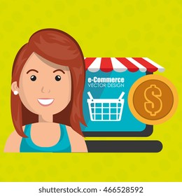 cartoon woman next to a laptop with a online store message and a red and white tent and a big gold coin over a green background vector illustration