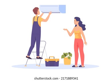 Cartoon woman next to repairman fixing air conditioner. Home ventilation or HVAC system, engineer repairing cooling or heating unit in room flat vector illustration. Repair service concept for banner