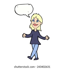 cartoon woman with no worries with speech bubble