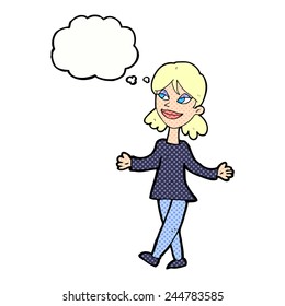 cartoon woman with no worries with thought bubble