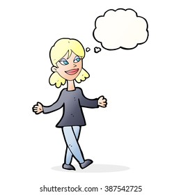 cartoon woman with no worries with thought bubble