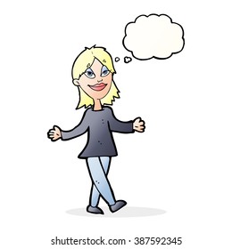 cartoon woman with no worries with thought bubble