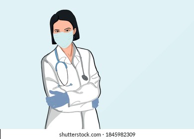 cartoon the woman nurse ,doctor, healthy worker, sciencest standing and half body wearing uniform and taking face mask and gloves protect for pandemic .Text area.