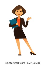 Cartoon woman in office suit with blue folder