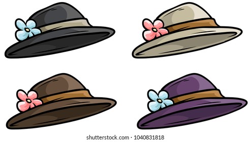 Cartoon woman old retro hat with ribbon and flower. Vector icon set.