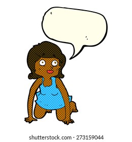 cartoon woman on all fours with speech bubble