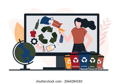 Cartoon woman on computer screen. Female character appealing for intelligent waste separation and recycling. Waste recycle sign. Protection and saving of environmental. Flat vector illustration