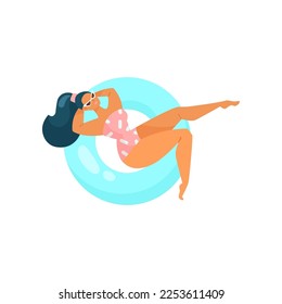 Cartoon woman on cute inflatable ring vector illustration. Doodle of girl sunbathing isolated on white background. Summer, vacation concept