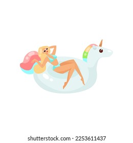 Cartoon woman on inflatable unicorn ring vector illustration. Doodle of girl sunbathing isolated on white background. Summer, vacation concept