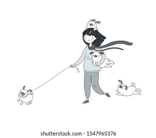 Cartoon woman on a walk with puppies. Beautiful young girl and a cute pug. Pets.