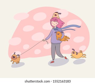 Cartoon woman on a walk with puppies. Beautiful young girl and a cute pug. Pets.