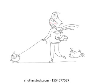 Cartoon woman on a walk with puppies. Beautiful young girl and a cute pug. Pets. Coloring book