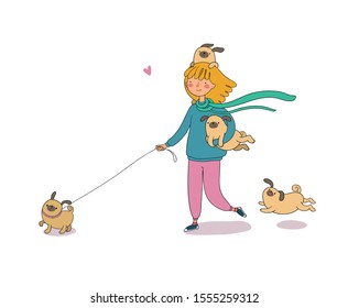 Cartoon woman on a walk with puppies. Beautiful young girl and a cute pug. Pets.