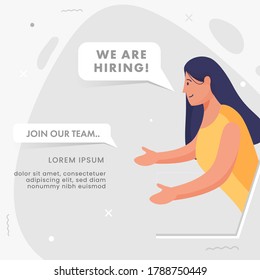 Cartoon Woman Online Advertising Job Vacancy From Laptop for We Are Hiring, Join Our Team Concept.
